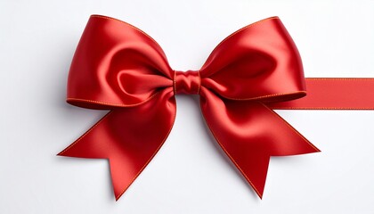 Fototapeta premium Red satin ribbon bow with V-cut tails on white background.
