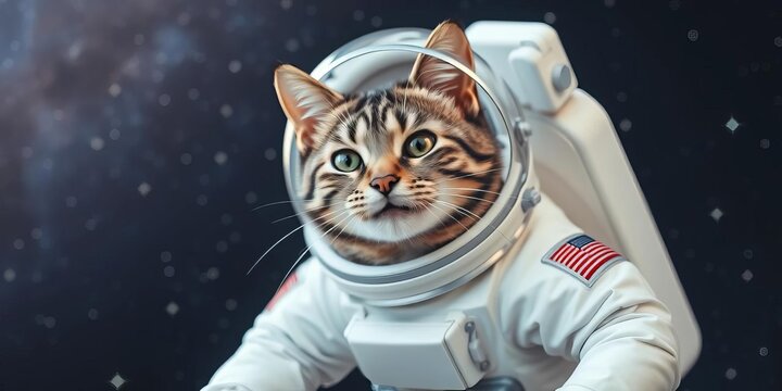 Smiling gray tabby cat in a white spacesuit floats in a starry sky, outer space, playful
