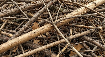 A chaotic arrangement of dry brown branches and twigs of varying sizes litter the ground