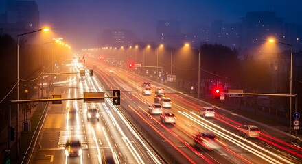 Busy Highway at Night with Streaking Car Lights.