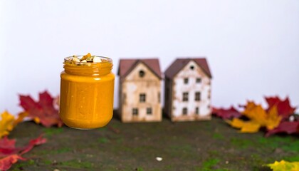 A glass jar of vibrant orange pumpkin puree floats in the air, with small, rustic houses in the background, showcasing an autumnal ambiance.
