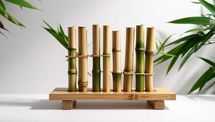 Decorative bamboo screen on wooden base.