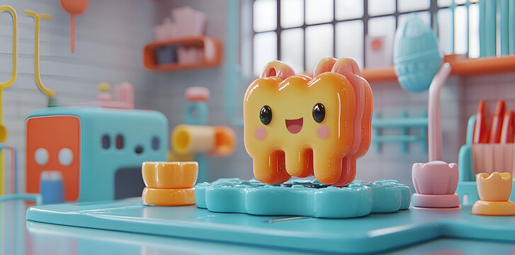 Cute Yellow Tooth Character Toy in Colorful Playroom with Bright Lighting