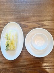 Fresh Korean non-spicy baek kimchi (white kimchi) which does not use red chili powder