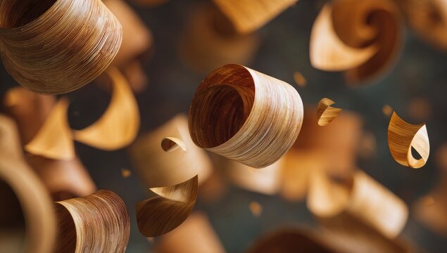 Wood shavings in mid-air, swirling and falling - Powered by Adobe
