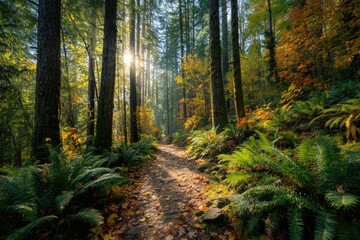 Fototapeta premium Sunlight streams through a fall forest trail