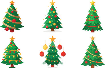 Collection of Six Decorated Christmas Trees on Transparent Background