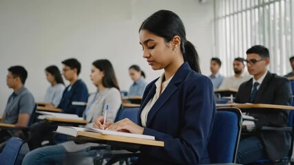 Female student in a classroom setting taking notes on her paper during an exam or lecture. - Powered by Adobe