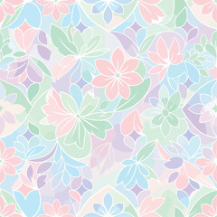 Seamless Pattern, Pastel floral pattern with delicate outlines and soft watercolor texture evokes serenity Stock royalty free  image.