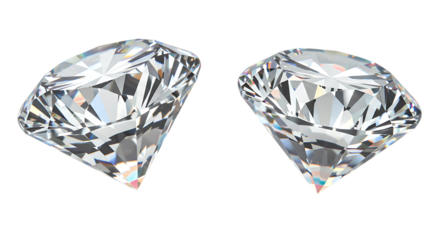 Two faceted clear gemstones sparkling against black isolated on a transparent background diamond