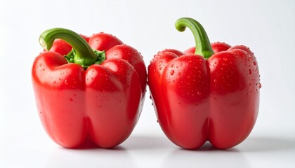 Two glossy red bell peppers on white surface.