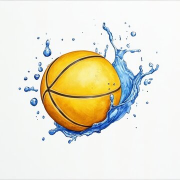 Yellow Basketball Splashing in Blue Water