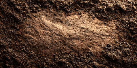 Dark Brown Soil Texture: Rich, dark brown soil forms a natural frame, showcasing its fine texture and earthy tones. Perfect for backgrounds or agricultural themes.