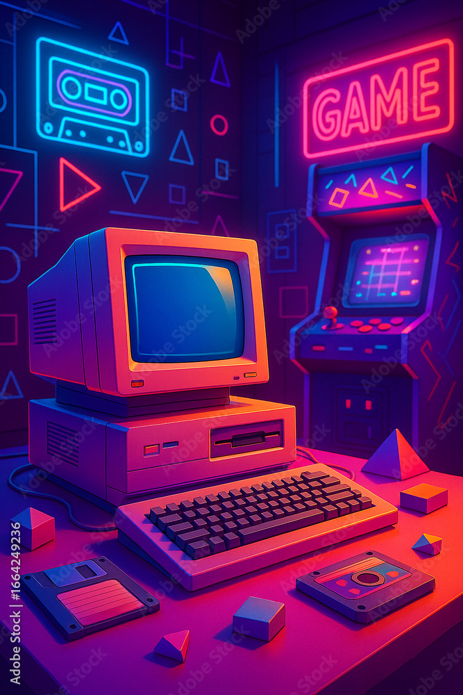 Fototapete retro computer setup with neon lights and arcade machine in a vibrant, nostalgic scene setting on tr