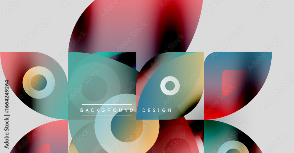 Poster abstract geometric shapes overlap. colors blend, creating modern design. background features circles