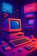 Retro computer setup with neon lights and arcade machine in a vibrant, nostalgic scene setting on transparent background