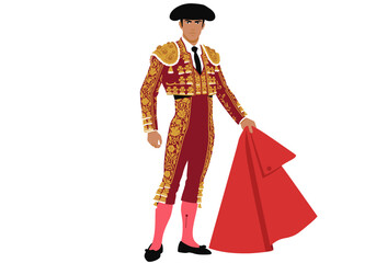 Naklejka premium Elegant Matador in Traditional Costume Holding Red Cape