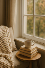 A cozy corner with a mug on books next to a window and a chunky knit blanket on a sofa seat on transparent background