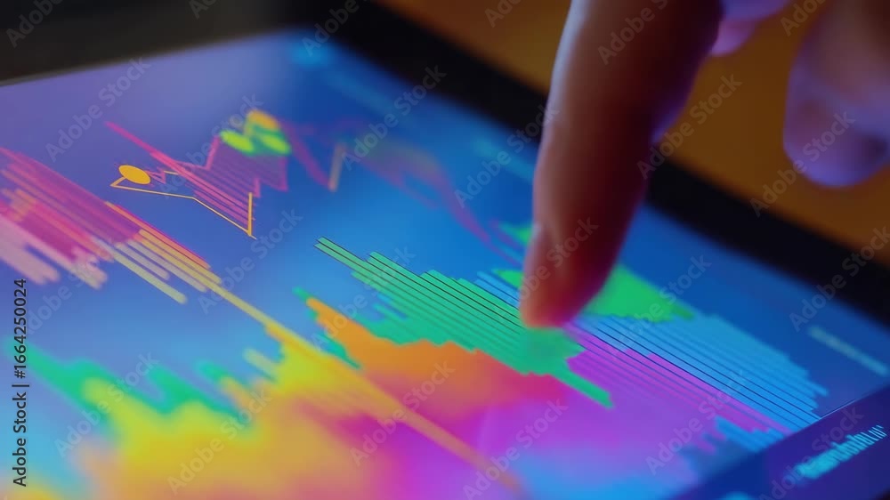Poster a hand interacting with a tablet displaying colorful analytics charts and graphs. the technology sug