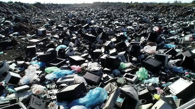 Vast landfill of discarded electronic waste and old computers symbolizing environmental pollution