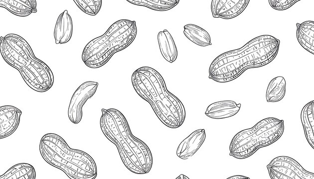 A seamless pattern of detailed hand-drawn peanuts and peanut pods, creating a repeating design with a classic black and white aesthetic.