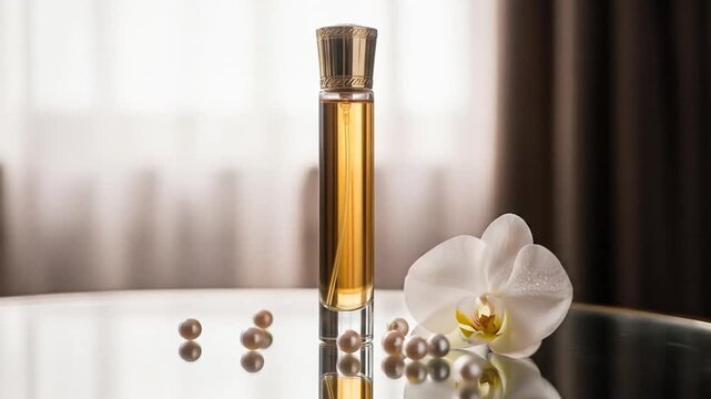 Elegant Perfume Presentation: A Golden Elixir in a Glass Bottle with White Orchid and Pearls