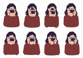 Woman taking photos, multiple poses with transparent background