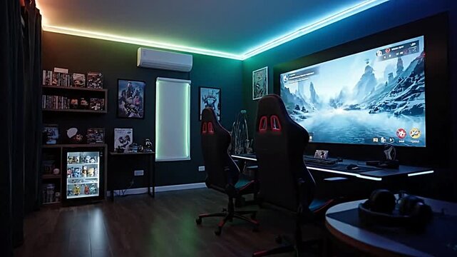 Step into a vibrant gaming room featuring LED lighting, wall art, and a high-performance dual-monitor setup. A dream setup for any serious gamer.