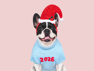 Merry Christmas and Happy New Year. Cute puppy and festive costume. Space for congratulatory...