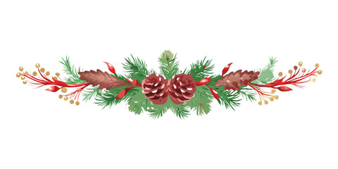 Green pine garland with pinecones and red berries