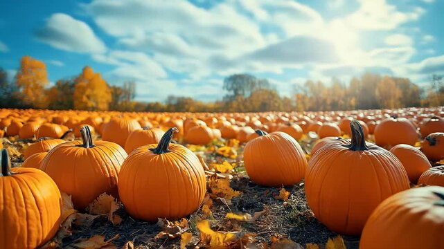 Vibrant orange pumpkins in a patchy field under a dramatic autumn sky