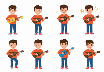 Boy playing ukulele in various poses