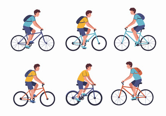 Man riding bicycle with backpack, multiple views