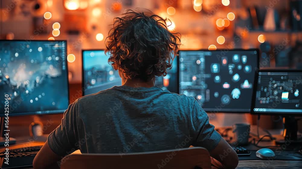 Poster person working on multiple computer screens in a warmly lit room, back view and concentrating at