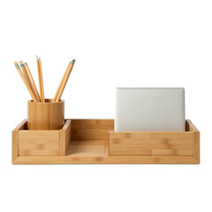Wooden bamboo desk organizer with stationery supplies isolated. PNG transparent