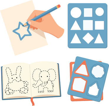 Hand drawing shapes and tracing animals on paper, using stencils and coloring tools.