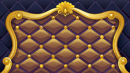 Vector art of elegant quilted leather headboard with golden frame and buttons for luxury furniture design and decoration, vintage style background
