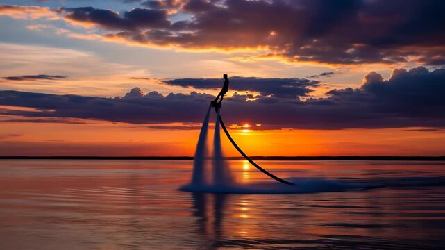 Silhouette of Flyboarder at Sunset over Calm Water Dramatic Orange Sky  Active Lifestyle  Extreme Sports Photography
