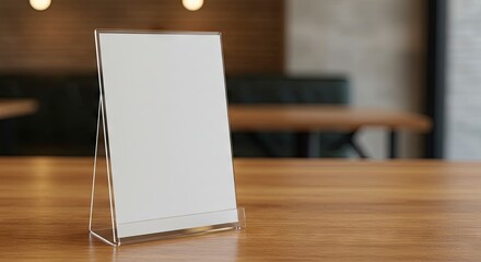 Blank white menu or sign in a clear acrylic holder on a wooden table in a blurred restaurant setting