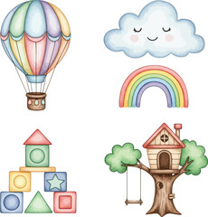 Whimsical watercolor illustrations of a hot air balloon, rainbow, cloud, building blocks, and treehouse.