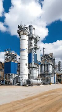 An emphasis on the exhaust system of asphalt factories, which incorporates cutting-edge carbon capture technology to demonstrate the systems that filter and trap CO2 emissions during manufacturing