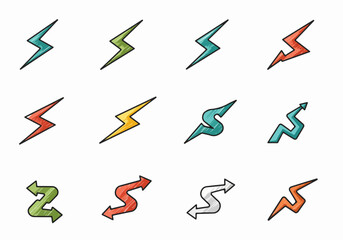 Colorful lightning bolts and arrows with transparent background