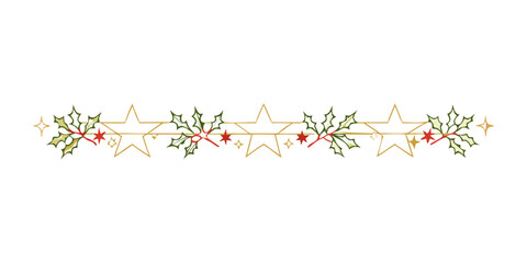 Golden stars with holly leaves in Christmas border