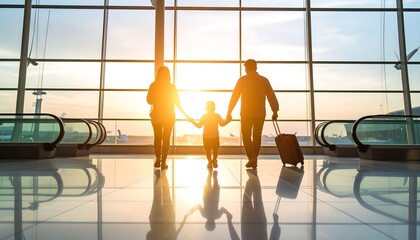 Silhouette of a young family with a child and luggage walking through an airport terminal towards a sunny window, ready for their vacation