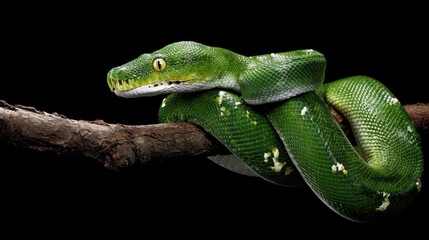Fototapeta premium Green Tree Python Gliding on Branch Against Black Background