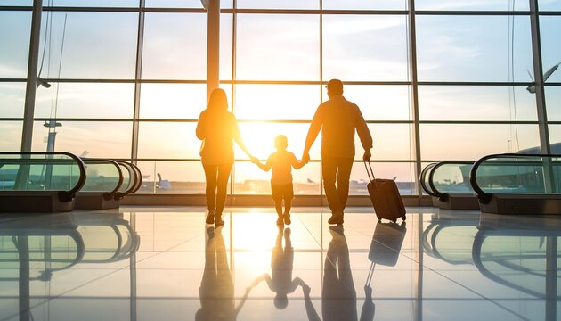 Silhouette of a young family with a child and luggage walking through an airport terminal towards a sunny window, ready for their vacation