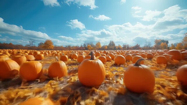 Vibrant orange pumpkins in a vast autumn field illuminated by natural sunlight
