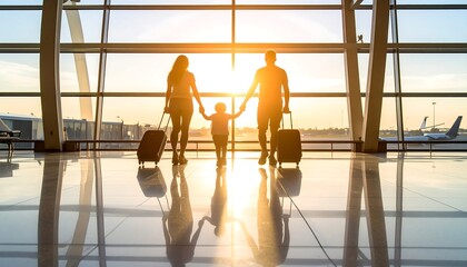 Silhouette of a young family with child and luggage standing in a modern airport terminal, ready for vacation at sunset