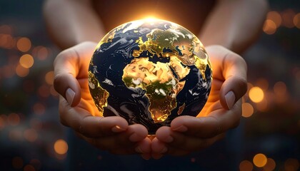 Caring hands gently holding the glowing planet Earth at night, a hopeful concept of global responsibility and a sustainable future