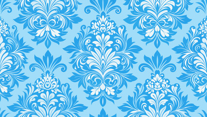 Fototapeta premium Vector art of elegant blue damask pattern background with floral design and decorative ornament for vintage wallpaper and textile print
